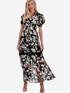 Aqua Blu Arcadia Atlas Silk Floral Lace Short Puff Sleeve Button Down Maxi Dress